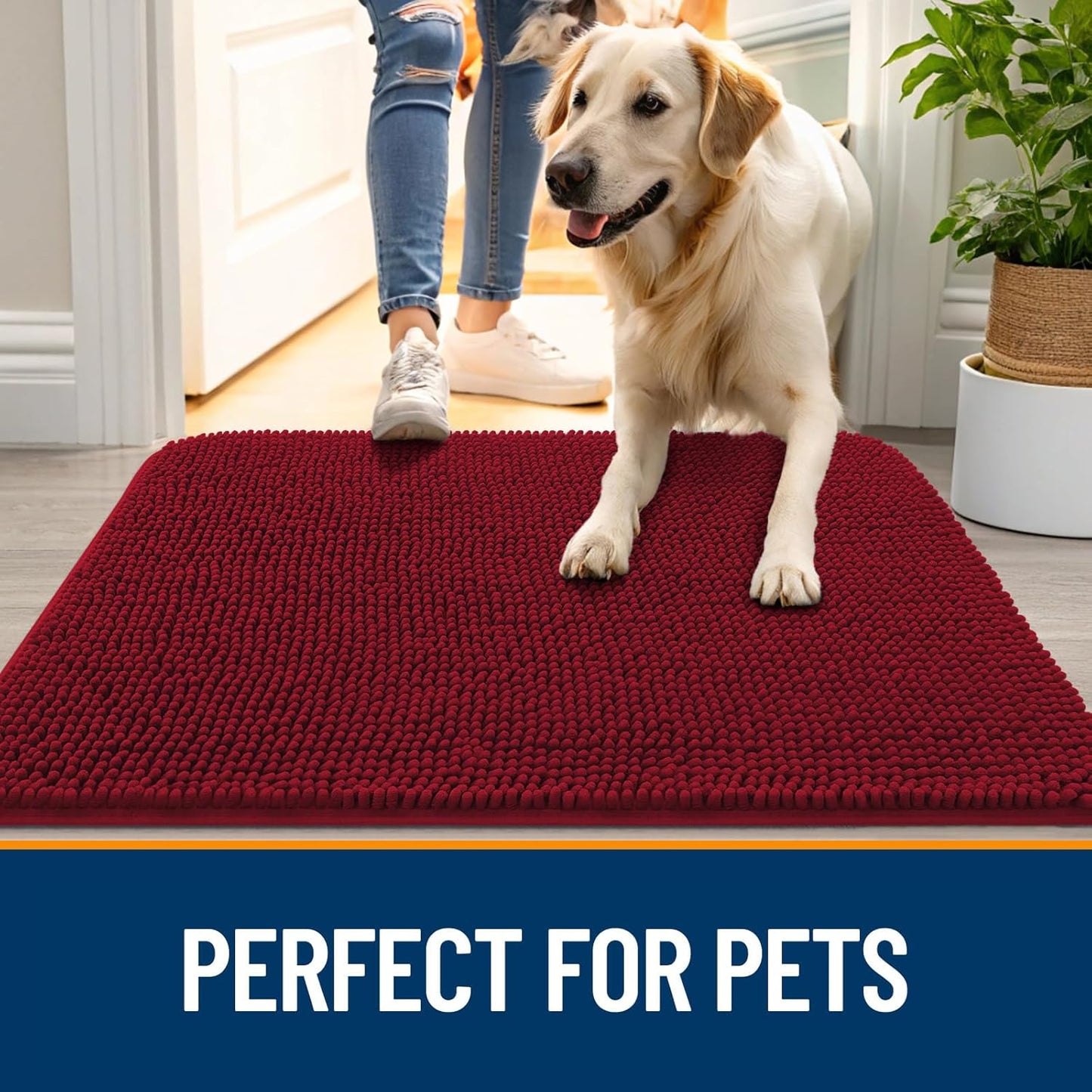 OLANLY Dog Door Mat for Muddy Paws 24x16, Absorbs Moisture and Dirt, Absorbent Non-Slip Washable Doormat, Quick Dry Chenille Mud Mat for Dogs, Entry Indoor Entryway Carpet for Inside Floor, Red