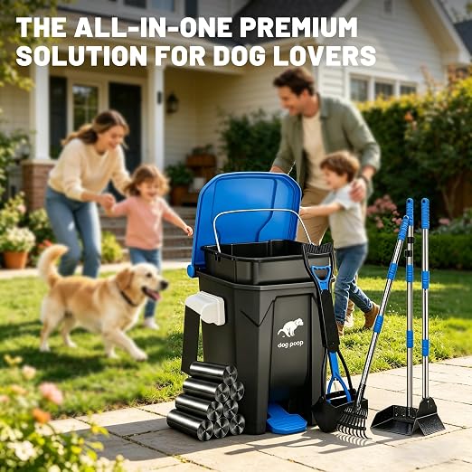 Dog Poop Trash Can Outside - 20L/5Gal Pooper Scooper Sets and Spade, Blue | Outdoor Trash Can with Lid, Inner Bucket, Dog Poop Scooper Set, Metal Tray, Rake and Spade, 100 Trash Bags & Storage Box