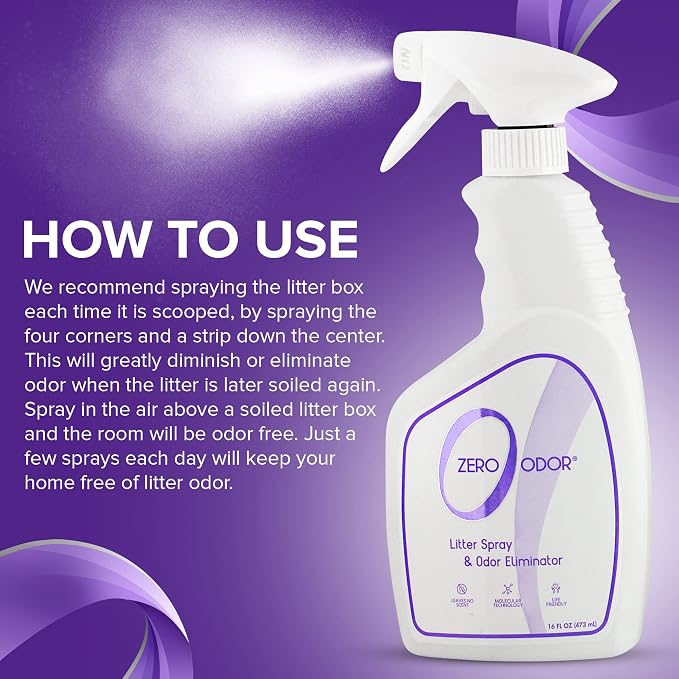 Zero Odor – Litter Odor Eliminator - Permanently Eliminate Litter Odors with Best Patented Molecular Technology - Pet Safe & Works on all types of litter, 16oz (Over 400 Sprays) (Pack of 2)