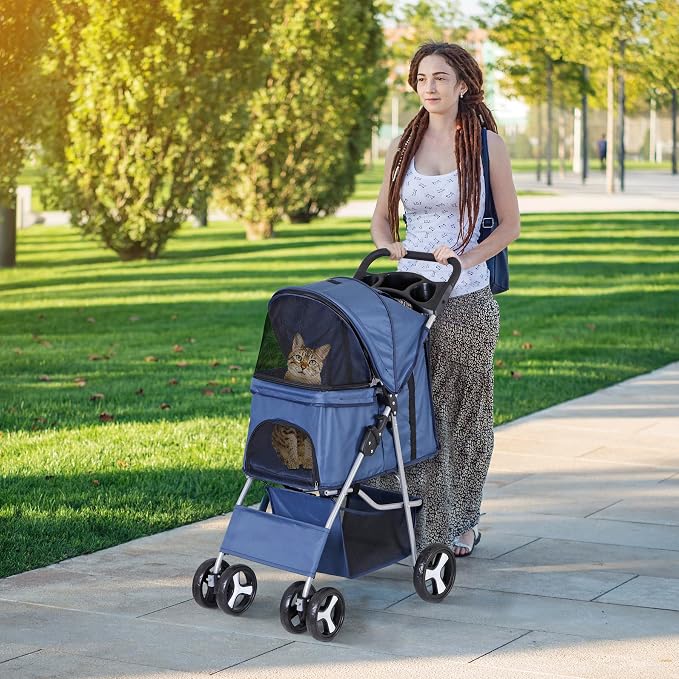 4 Wheels Dog Stroller Folding Pet Strolling Cart for Small Medium Cats Puppies Portable Jogger Travel Camping Puppy Carrier with Storage Basket Cup Holder, Navy Blue