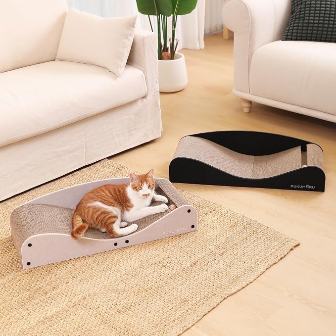 FUKUMARU Cardboard Cat Scratcher Bed, Extra Large 29.1 Inch Cat Scratch Pad | Cat Scratching Bed Couch Indoor, Natural Felt Multifunctional, Horizontal Kitten Scratch Bed Lounger With Ball Toy, Black