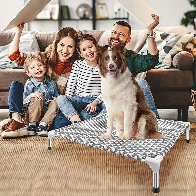 Kuntrust Elevated Outdoor Dog Bed, Medium Size, Cotton Material, Non-Slip Feet, Fits up to 70lbs | Breathable Fabric, Dual-Layer Cotton, Stainless Steel Frame, Anti-Slip Feet
