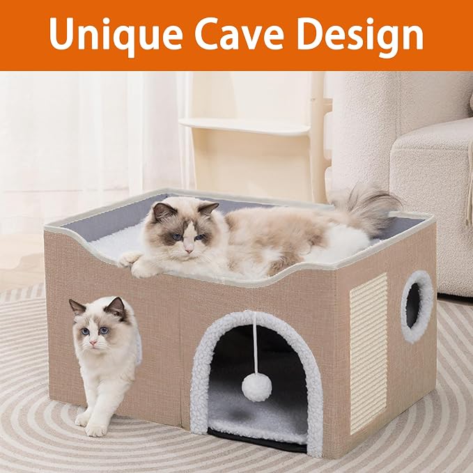 Loyareal Cat Houses for Indoor Cats - Large Cat Bed Cave with Scratch Pad and Fluffy Ball, Foldable Cat Condo Hideaway with Reversible Cushion for Multi Small Pet, Khaki