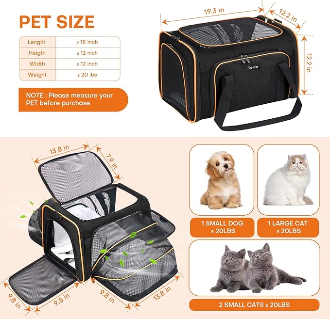 Pet Carrier, Large Soft Sided Expandable Travel Carrier with Steel Frame, Anti-Scratch Mesh, Removable Fleece Pad and Pockets for Cats, Dogs and Small Animals up to 15 lbs (Black, 5 Sides Expandable)