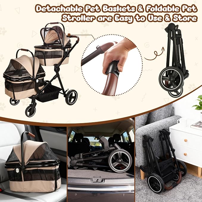 Foldable Double Pet Stroller for 2 Small Medium Cats Dogs | Convertible single/double | Detachable carriers | All-terrain wheels & shock | Safety brakes & tether | Breathable oxford