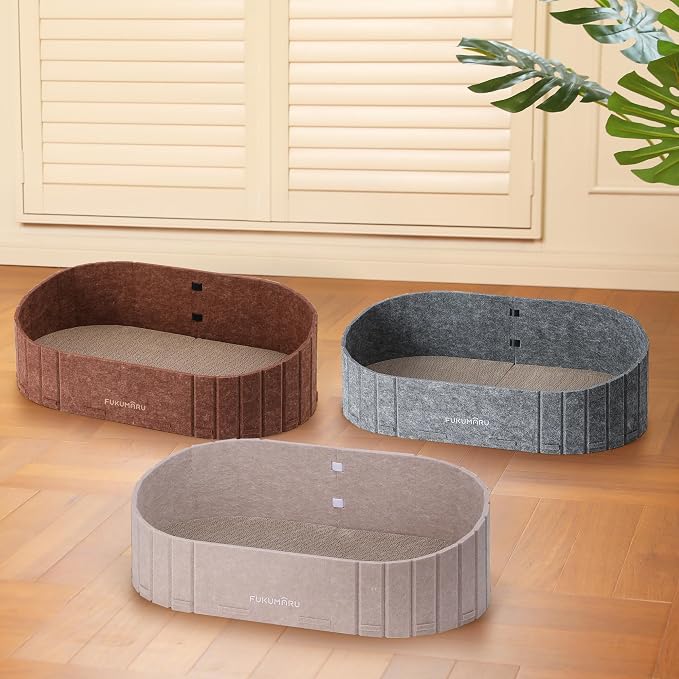 FUKUMARU Cat Scratcher, 24 Inch Sofa Shape Cat Scratching Bed Couch Indoor | Oval Felt Cat Scratcher Bed with Reversible Detachable Cat Scratching Boards, Round Cats Scratch Pads Refill, Beige