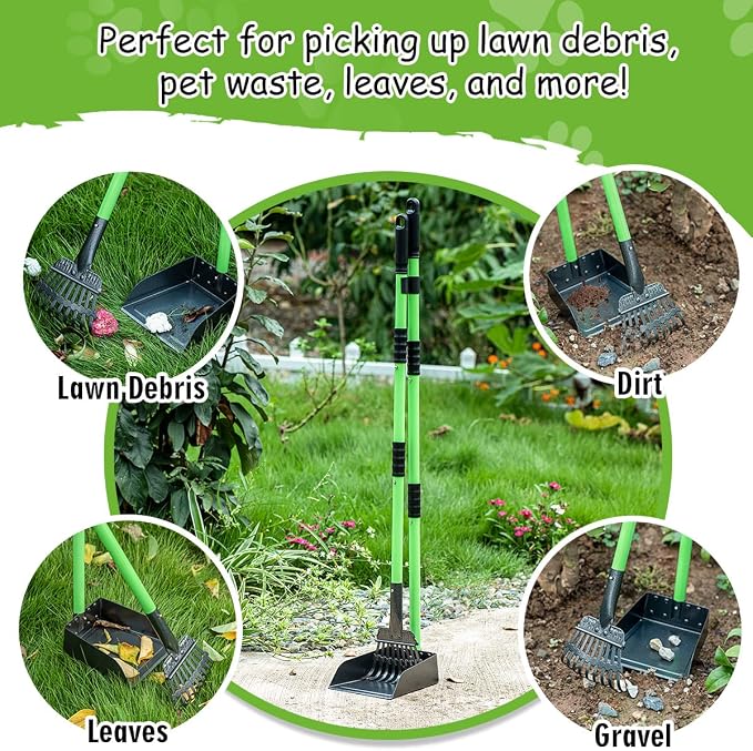 MXF Pooper Scooper, Dog Pooper Scooper Long Handle Stainless Metal Tray and Rake Set for Medium Small Dogs Heavy Duty - Use on Grass, Dirt or Gravel - Pet Supplies (Green)
