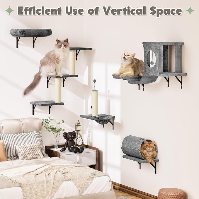 7-in-1 Cat Wall Shelves, Space-Saving Wall Mounted Cat Shelves, Cat Climbing Wall Systems for Play & Rest Includes Tunnel, House, Bridge, Steps, Scratcher, Hammock, Shelves, Gray