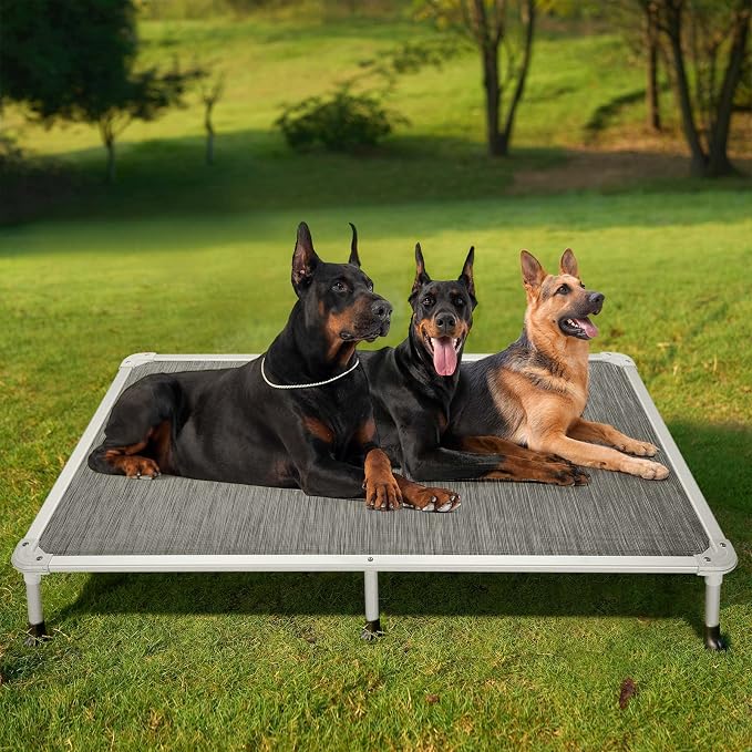 Veehoo Chew Proof Elevated Dog Bed, Cooling Raised Pet Cot, Silver Aluminum | Indestructible Dog Bed with Durable Textilene Mesh Fabric, No-Slip Feet for Indoor or Outdoor, 59", Extra Large, Black Silver