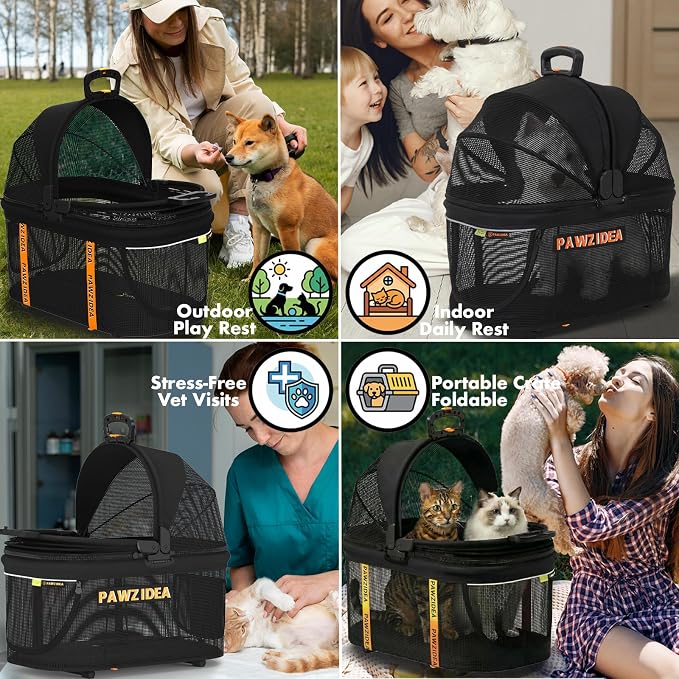 PAWZIDEA Pet Stroller 4 in 1, Foldable Cat Stroller with Detachable Carrier for Small Medium Dogs & Cats, Escape-Proof No-Zip Canopy, Lightweight Portable Travel Crate & Car Seat Combo, Storage Basket