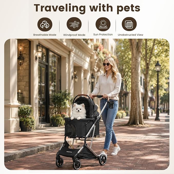 T3 Pro Small Dog Stroller (Black) | Detachable Carrier, Change Linner, Larger Rear Wheel, Aluminum Alloy Frame, Easy Assembly, Easy to Store