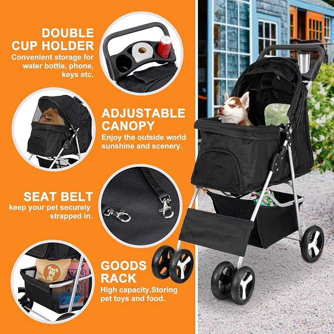 4 Wheels Pet Stroller Dog Cat Stroller for Small Medium Dog Cats Foldable Carrier Jogger Travel Puppy with Storage Basket and Cup Holder (Black)
