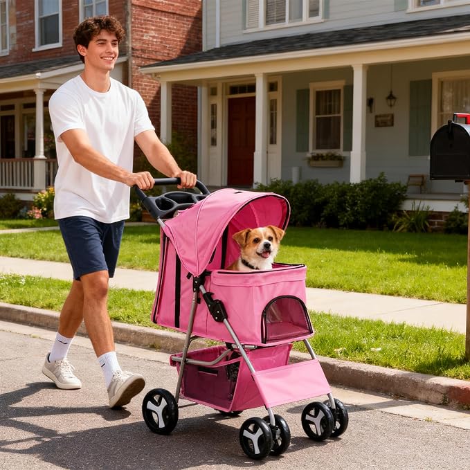 ZENY Foldable Pet Stroller, Cat/Dog Stroller with 4 Wheel, Pet Travel Carrier Strolling Cart with Storage Basket, Cup Holder (Pink)