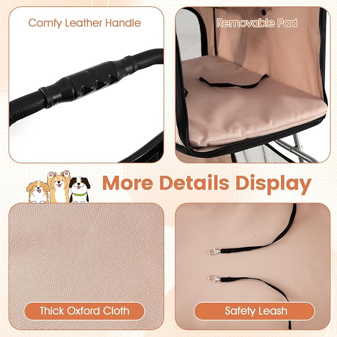 PETSITE 4 Wheels Pet Stroller, Foldable Dog Strollers for Small Dogs with Breathable Mesh, Waterproof Cover, Storage Basket, and Cup Holders, Ideal for Dogs Cats up to 33 lbs (Beige)