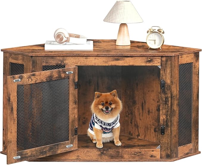 MAHANCRIS Corner Dog Crate Furniture, Wooden Dog Kennel End Table, Decorative Pet Crate Indoor Use, Furniture Style Dog House for Small Medium Dog, Dog Cage TV Stand, Rustic Brown DCRB0801