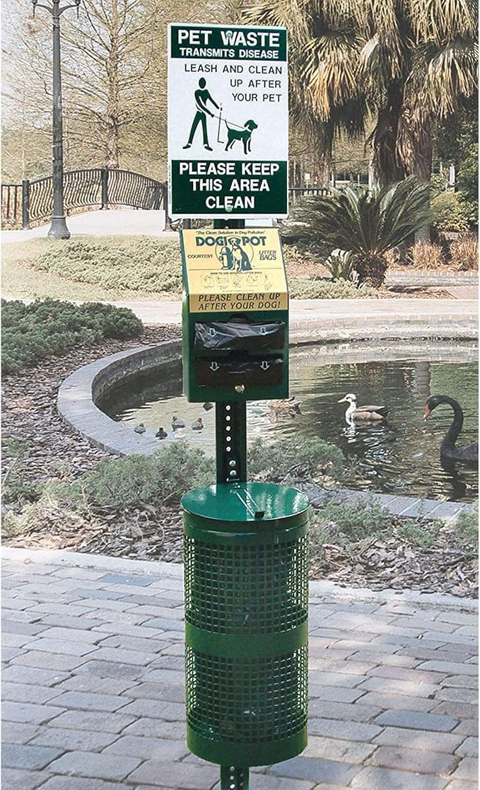DOGIPOT 1003-L Pet Station Includes Sign, Dispenser, Steel Receptacle, Litter Bag Rolls and Liner Trash Bags, Forest Green