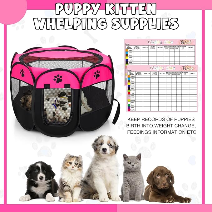 PullCrease 45 Pcs Puppy Dog Kitten Whelping Supplies Starter Kit for Birth Include Pet Playpen Whelping Collar Cord Clamp Bulb Aspirator Syringe Bottle Scissor Glove Bag for New Born Pet Supplies