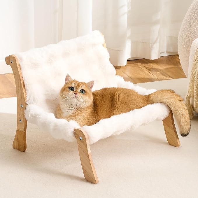 Solid Wood Cat Couch Bed for Indoor Cats, Modern Cat Sofa with Ultra-Soft Plush Surface Washable, Reclined Backrest, Elevated Elevated Cat Lounge Furniture for Small to Adult Pets, Ivory White