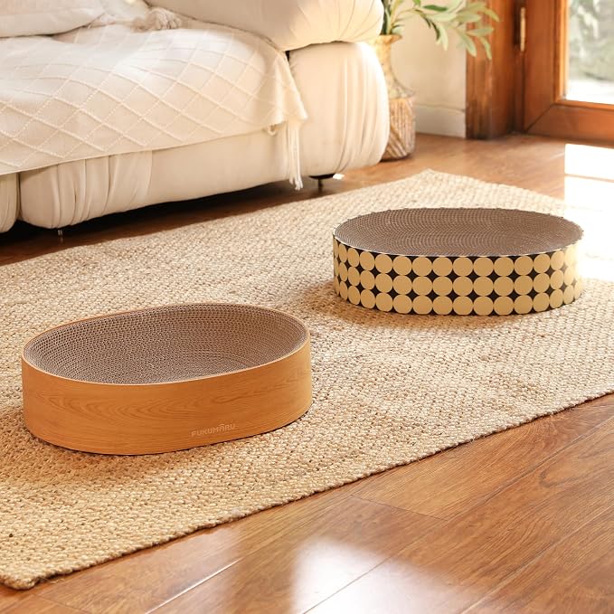 FUKUMARU Cardboard Cat Scratcher Bed, 2-in-1 Oval Cat Scratch Pad | Cats Scratching Board Lounge Bed Indoor, Durable Modern Kitty Scratcher Bowl, Cats Scratch Furniture Protector, Polka Dot