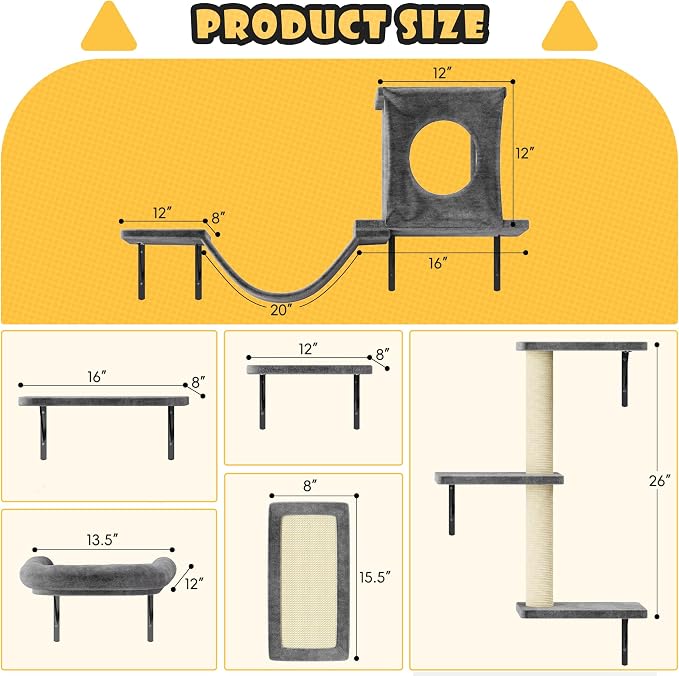 12-in-1 Cat Wall Shelves, Wall Mounted Cat Climber with Condo House, Scratching Post, Bridge Ladder, Space-Saving Indoor Play Furniture for Kittens, Dark Gray