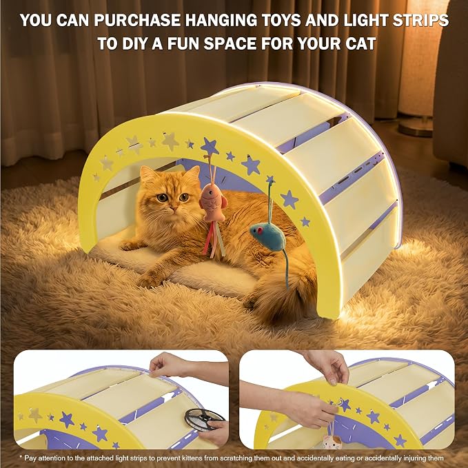 3-in-1 Crescent Elevated Cat Bed with Removable Sisal Scratcher & Soft Fleece Mat, Rocking Cat Hammock Lounge for Indoor Cats, Kittens & Small Animals, Purple