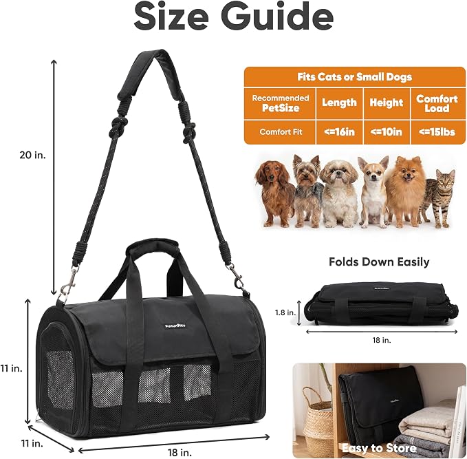 FUKUMARU Cat Carrier, Light & Airy Pet Carrier, 18x11x11 Airline Approved Dog Carrier for Small Dogs, 2-in-1 Shoulder Strap Leash, Collapsible Soft Cat Travel Carrier with Anti-Scratch Mesh, Black