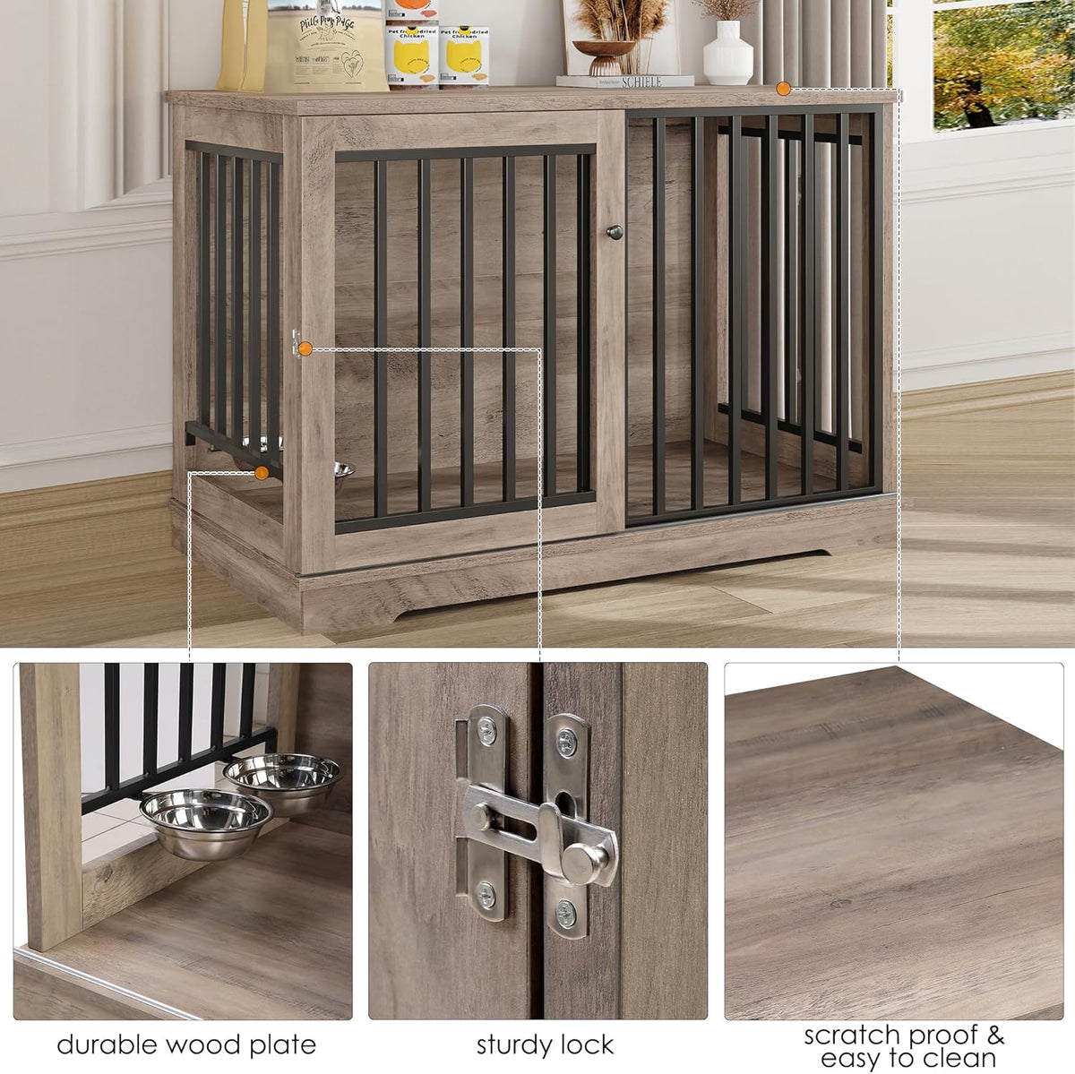 Dog Crate Furniture 47” Large Dog Kennel for Dogs Indoor, Heavy Duty Dog Cage with Sliding Door and 2 SUS Bowls Wooden End Table in Living Room for Small Medium Large Dogs, Rustic