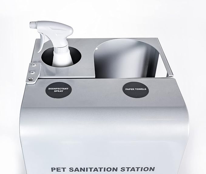 Indoor Pet Waste Station - 8ft Silver Steel Dog Waste Station - Includes a Built-In Dispenser with Lock & Storage, a Trash Receptacle, a Paper Towel Holder, and a Spray Bottle