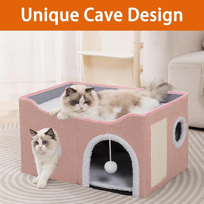 Loyareal Cat Houses for Indoor Cats - Large Cat Bed Cave with Scratch Pad and Fluffy Ball, Foldable Cat Condo Hideaway with Reversible Cushion for Multi Small Pet, Pink