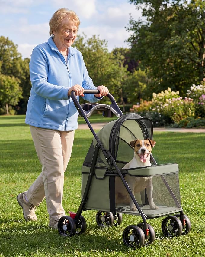 GTPLAYER Foldable Pet Stroller for Small Dogs and Cats, Holds Up to 33 lb, 4-Wheel Stroller with 2 Safety Tethers, Breathable Mesh, Lockable Front Wheels, Cup Holder/Tray & Storage Pocket, Dark Green