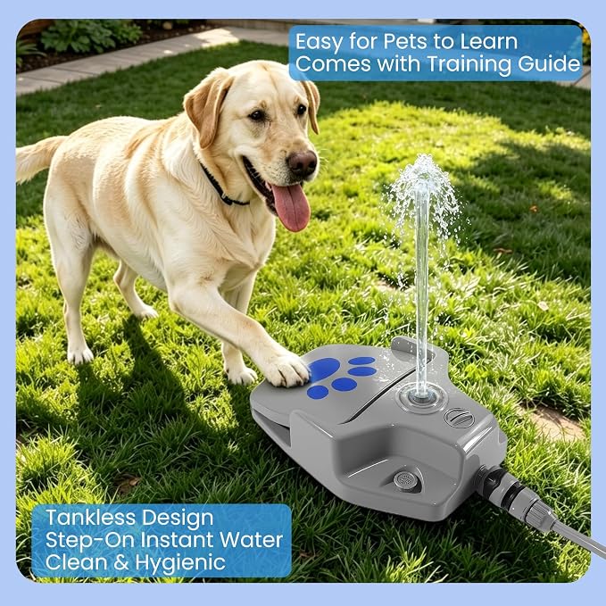 Outdoor Dog Water Fountain, Paw Activated Pet Water Dispenser, Step On Dog Sprinkler, Dog Drinking Station for Medium Large Dogs, Yard & Garden - Hose Connected, No Tank Design