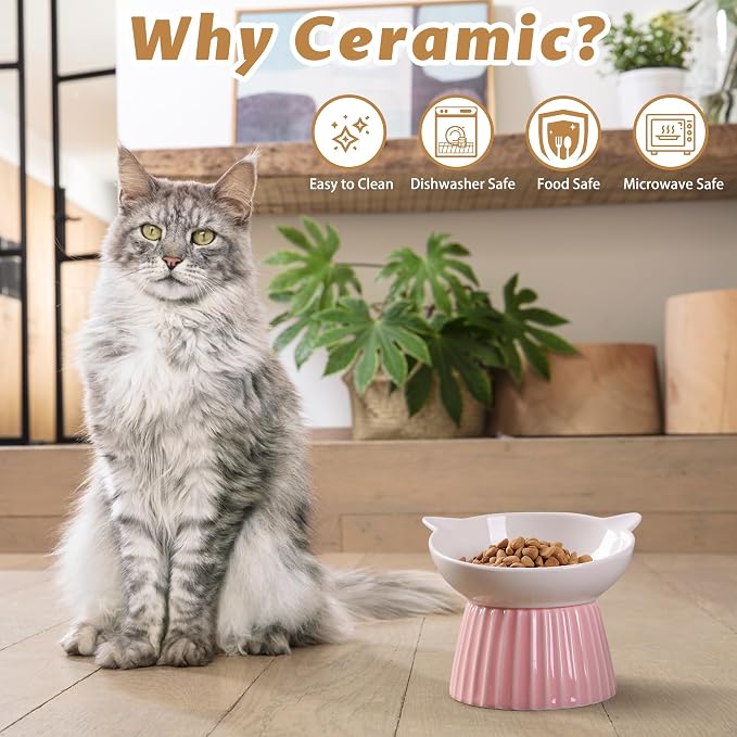 Ceramic Raised Cat Bowl,Tilted Raised Bowl Anti Vomit for Indoor Cats Whisker Friendly Pet Feeder for Cats Puppies, Microwave and Dishwasher Safe (Blue)