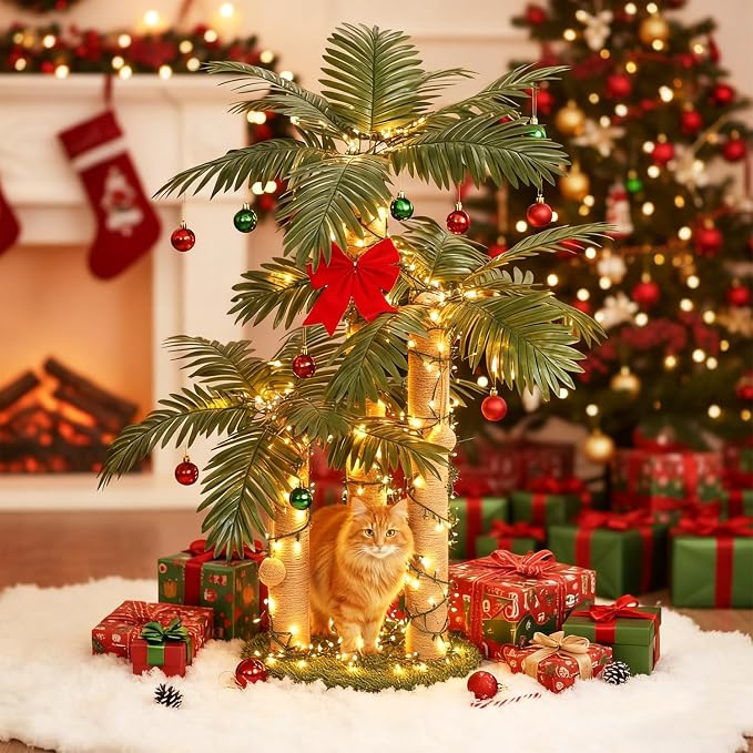 LEMONDA 31.5Inch Cat Scratching Post,Cat Scratcher Tree with 3 Scratching Poles & 2 Interactive Dangling Balls,Cats Scratching Posts for Indoor Kitten & Adult Cats