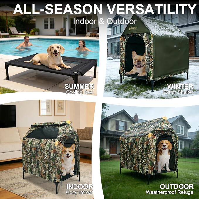 Large Dog House Outdoor - Weatherproof 2-in-1 Elevated Dog Bed Tent, Size S | 2-in-1 Elevated Dog Bed Tent, Weatherproof, Extra Large Dog House, Outdoor, Indoor