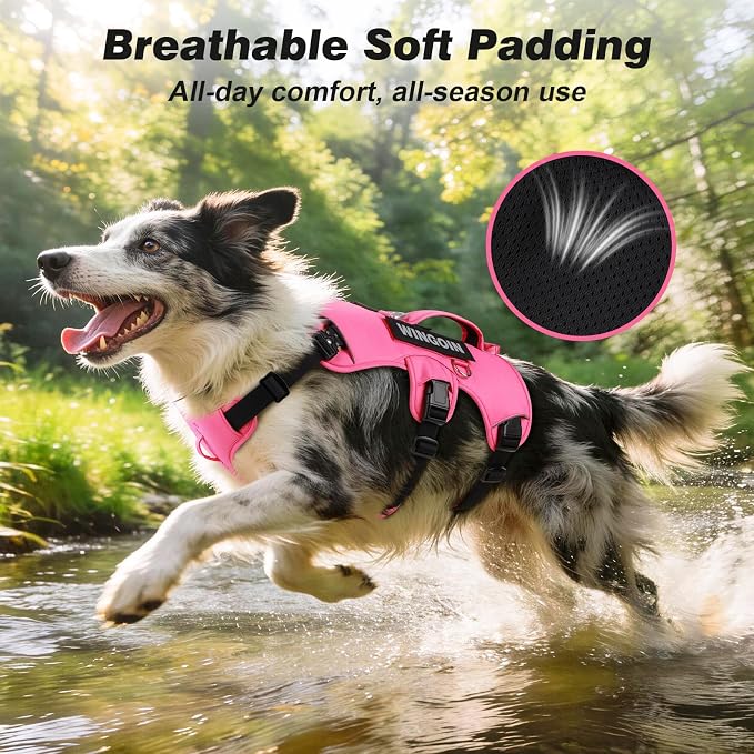 WINGOIN No Escape Dog Harness,Heavy Duty Harnesses for Large Dogs | Adjustable Pet Harness ,with Handle, Leash Front Clip Dog Vest ,for Walking Hiking, Hotpink M