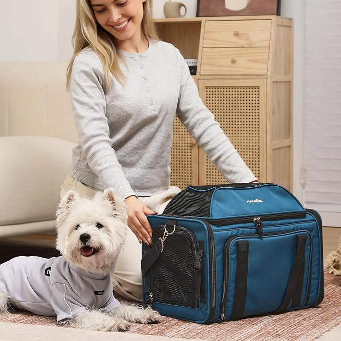 FUKUMARU Expandable Pet Carrier for Cat, 18x11x11 Large Cat Carrier Soft, Collapsible Airline Approved Dog Carrier, Ventilate Cat Travel Carrier with Durable Mesh, Escape-Proof Small Dog Carrier, Blue