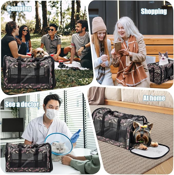 Soft-Sided Kennel Pet Carrier for Small Dogs, Cats, Puppy, Airline Approved Cat Carriers Dog Carrier Collapsible, Travel Handbag & Car Seat (Coffee Fish Print, 19" L x 11" W x 11" H)