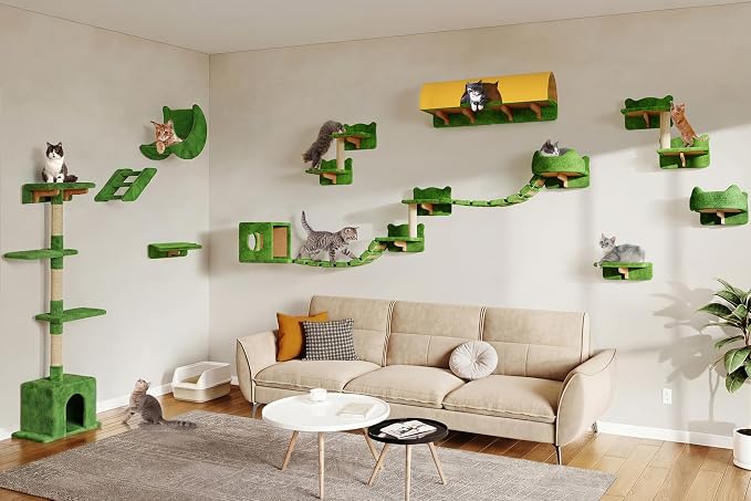 26-in-1 Cat Wall Shelves with Cat Tree, 40''L Tunnel, Moon, Green | Wall Mounted Cats Furniture Set with Plush Fabric, Cat Climbing Systems for 16 Inch Drywall, with Scratching Posts, Bridge