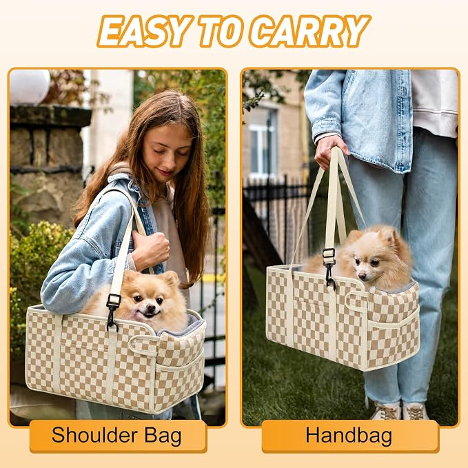 Console Dog Car Seat for Small Dogs, Foldable Booster Seat, Khaki Checkered | Portable Booster Seat Sits On Car Console/ Armrest. Foldable for Easy Storage. for Center Console, Easy To Clean.