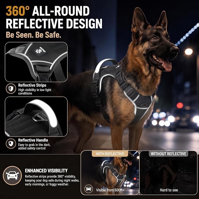 Heavy Duty Dog Harness for Large Dogs, No Pull Tactical Reflective Vest | 3 Point Locking Buckles, Dual Leash Clips, Handle, Reflective Strips, Hook & Loop Panel, Metal D Ring, Adjustable (Khaki)