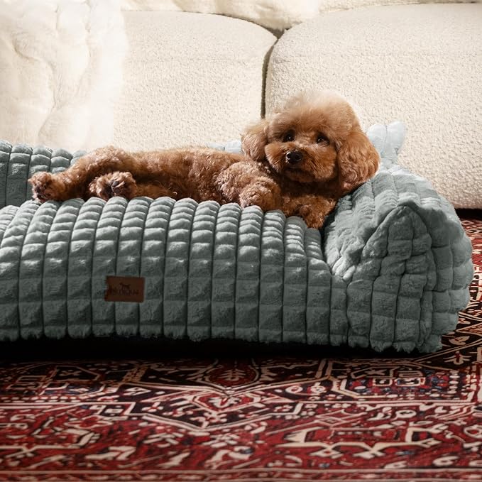 Cute Small & Medium Dog Couch Bed – Supportive & Fluffy Pet Sofa with Faux Rabbit Fur Washable Cover in 3D Diamond Pattern, 36" Grey