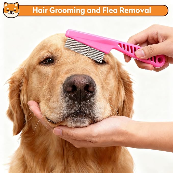 Dog & Cat Brush Kit 2PCS, Self Cleaning Slicker Brush for Pets, Upgraded Dog Brush for Shedding Massaging and Grooming, Removes Loose Undercoat & Portable Comb for Long Short Haired Dogs(Pink)