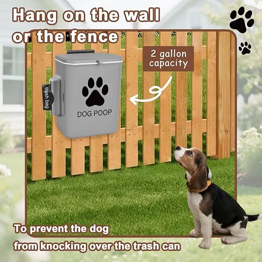 Dog Poop Trash Can Outside Hanging, 2 Gallon Wall Mount Dog Poop Trash Can | with Trash Bag Dispenser, Small Pet Waste Bin with Lid, Hanging Pet Waste Disposal Container for Fence, Garbage, Outdoors