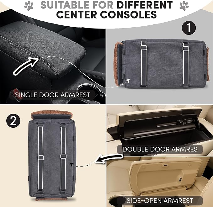BurgeonNest Center Console Dog Car Seat for Small Pets to 11lbs, Brown | Anti-collapse armrest Console seat with washable fluffy cushion, pillow & tether for stable, cozy pet travel trips.
