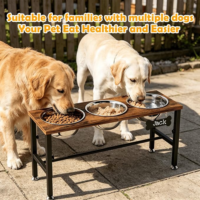 ADENGL Triple Elevated Dog Bowls Stand for Multiple Dogs, 3 Height Adjustable Raised Dog Bowl Stand with 3 Stainless Steel 1700ml(58oz) Bowls & Wood Tray & Mat