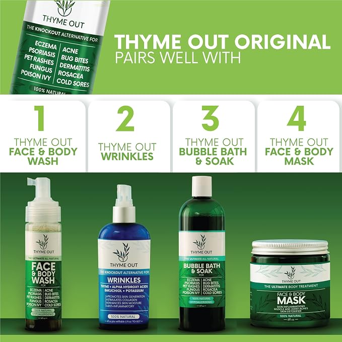 Thyme Out All Natural Eczema Treatment- Psoriasis Treatment - an All-in-One Solution for Acne, Dermatitis, Rosacea, Cold Sores, Bites, Poison Ivy - Anti-Itch Spray for Itchy Skin Relief 4oz