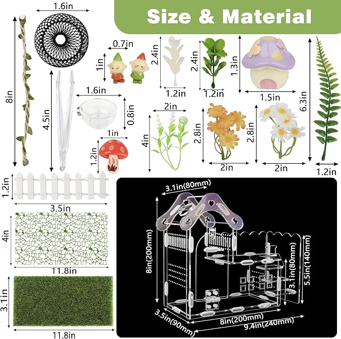 29-in-1 Jumping Spider Enclosure Kit, Acrylic Arboreal Terrarium with Magnetic Front Opening & Sliding Top, Staircase Mushroom Decor, Small Reptile Habitat for Mantis Tarantula Snail