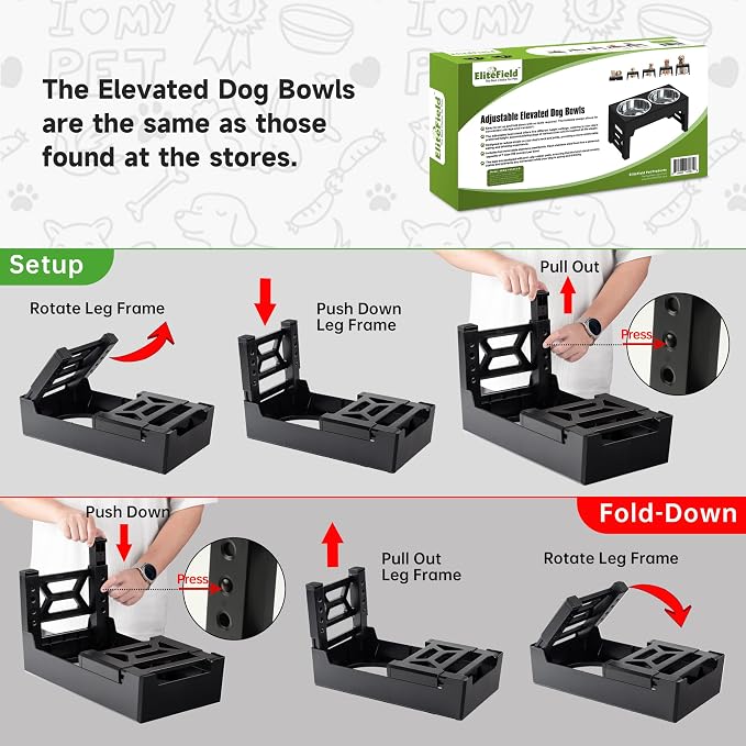 EliteField Elevated Dog Bowls, 2 Stainless Steel Bowls (2-Year Warranty) | 58 oz Bowls, 5 Adjustable Heights, Small to Large Dogs, Foldable, Dishwasher Safe, Anti-Slip Feet