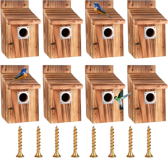 8-Piece Outdoor Bird House Set, Bird Houses for Outside with Metal Guards, Safety Locks, Flight Slots, & Ventilation, Bluebird Houses with 1-1/2" Entrance for Bluebirds, Wrens, Finches