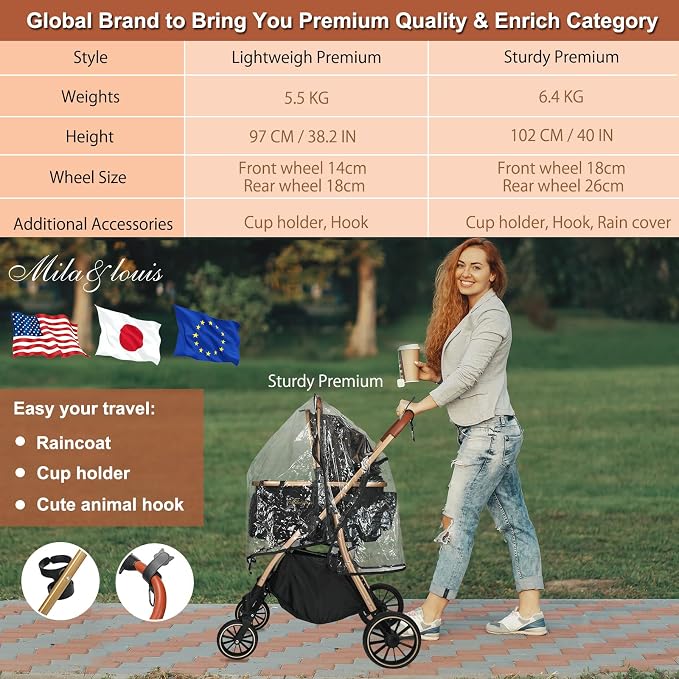 MILA&LOUIS Dog Stroller, 24" Pet Cradle, Large PU Wear-Resistant Wheels, Cat Stroller for Small & Medium 55 lbs, Lightweight Pet Stroller, Detachable Aluminum Cradle, Cup Holder, Hook & Rain Cover